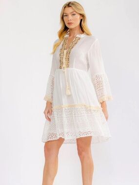 SD3-Boho White Lace Tassel Mini Dress with Cream Trim